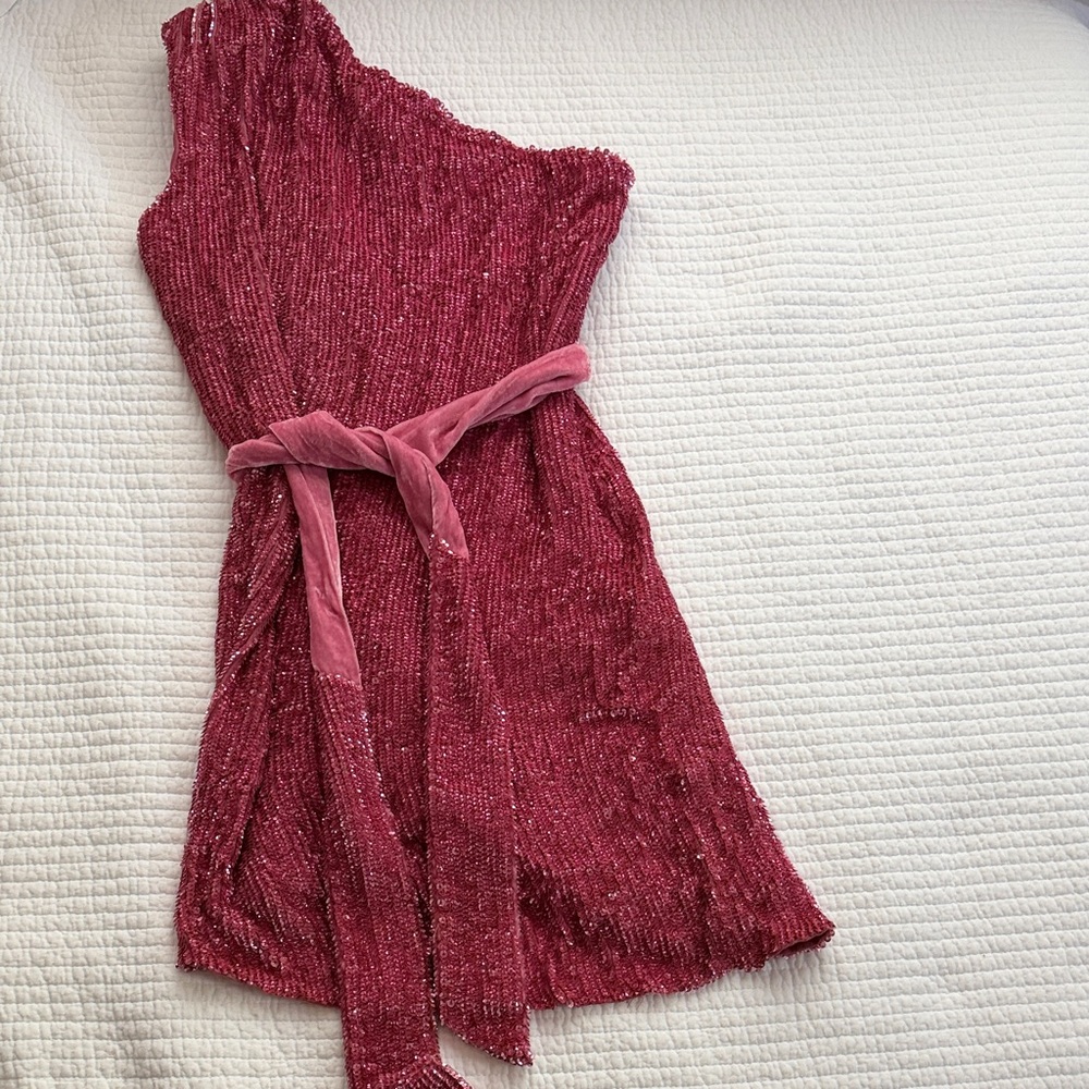 Retrofete Pink Sequin One-Shoulder Mini Dress
